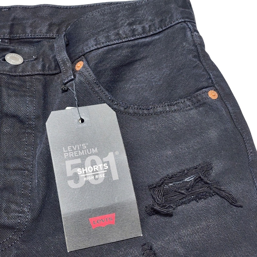 Levi's 501 Shorts Womens 29 Black Distressed High Rise Denim Cut Off Mid-Thigh - Picture 7 of 8